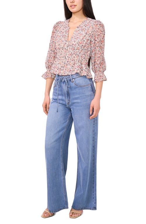 1.state Floral Smock Detail Chiffon Top In White