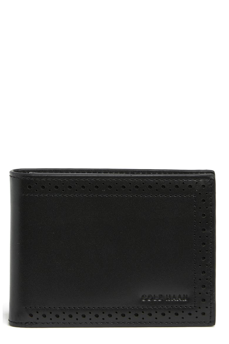 Brogue Leather Passcase Wallet, Main, color, BLACK