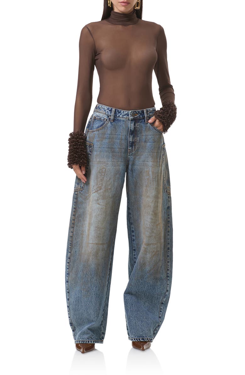 AFRM Helena Ruffle Trim Long Sleeve Mesh Shirt, Alternate, color, Espresso