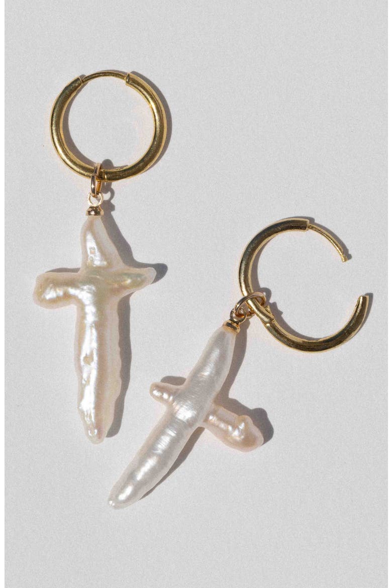 Esther Freshwater Pearl Cross Earrings, Alternate, color, GOLD