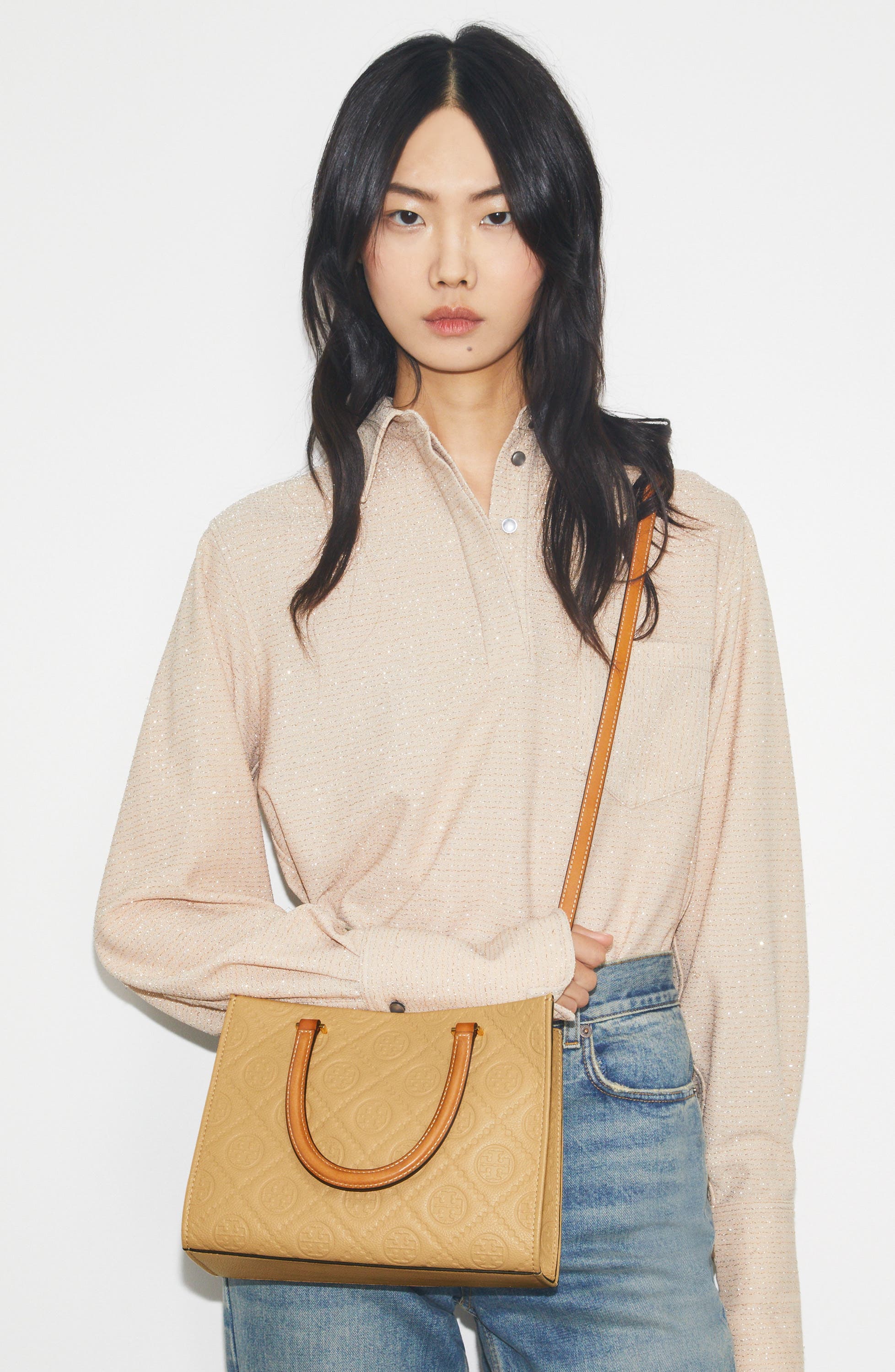 Tory Burch T Monogram Pebble Leather Square Tote, Alternate, color, Biscotti