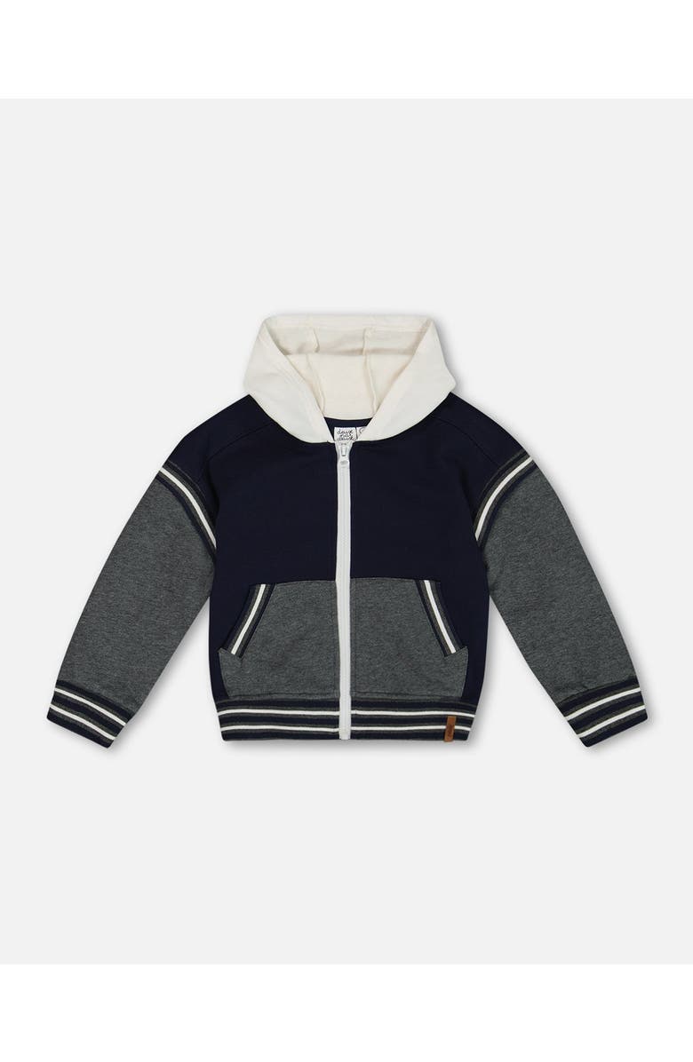 Deux par Deux Boy's Full Zip Hooded Fleece Navy And Dark Gray, Main, color, 