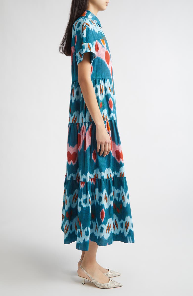 Erdem Ikat Print Tiered Cotton Sateen Midi Shirtdress, Alternate, color, Ikat Azure Blue