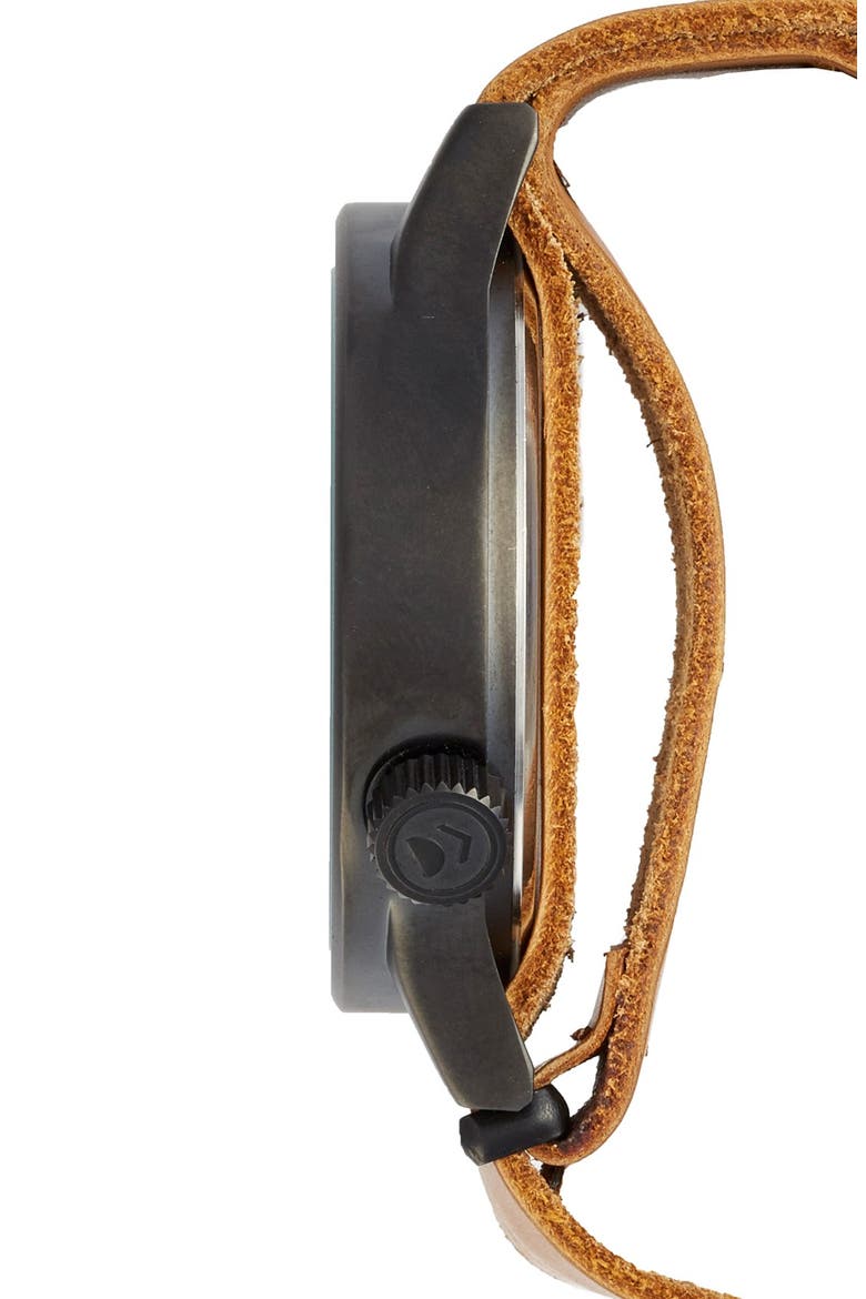 'Magnus' Oversized Round Dial Leather Strap Watch, 57mm, Alternate, color, BLACK COGNAC
