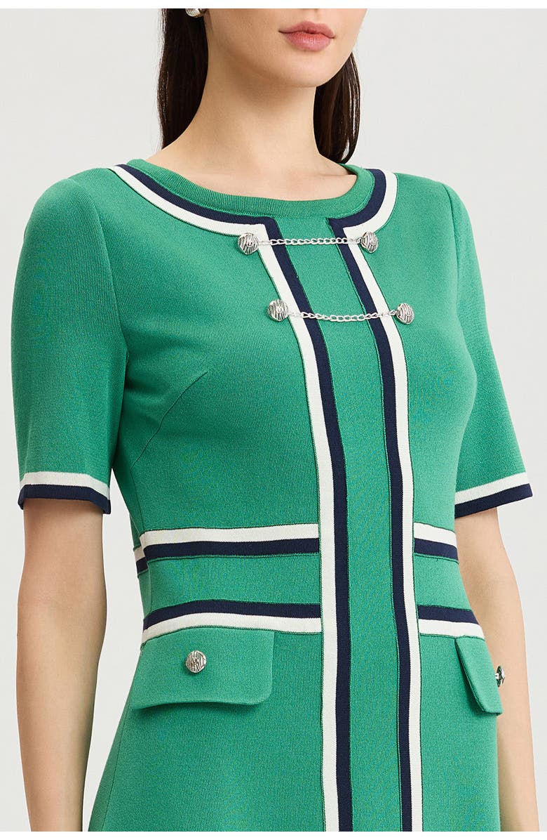 Ming Wang Button Detail Contrast Trim Soft Knit Dress, Alternate, color, Kelly Green/Indigo/Ivory