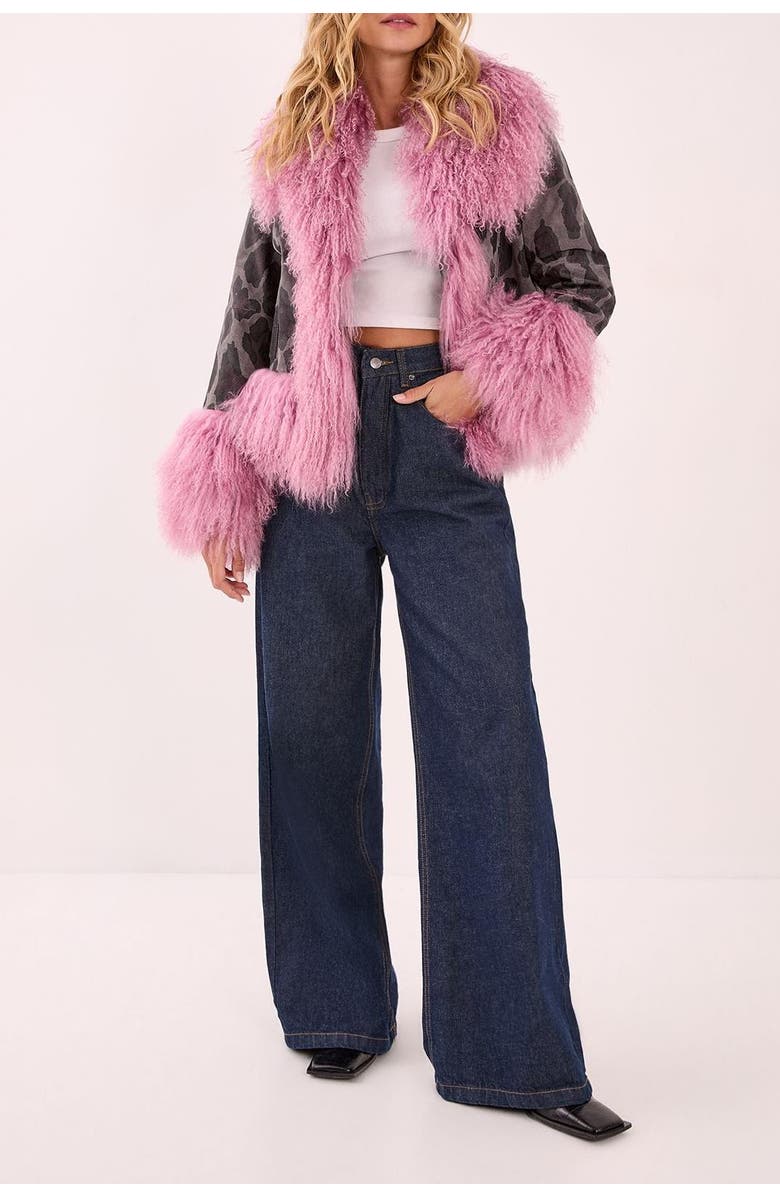 NASTY GAL Printed Shearling Leather Jacket, Alternate, color, Charcoal