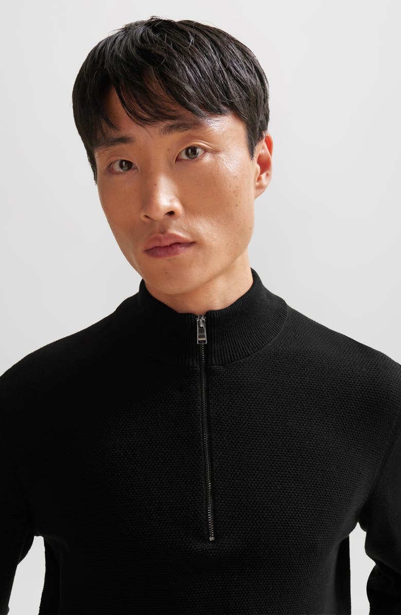 BOSS Ebrando Textured Cotton Half Zip Sweater, Alternate, color, Black