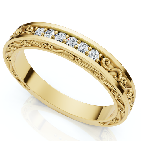 Stackable Diamond Wedding Ring Scroll Pattern Band 14k Gold Lab Grown