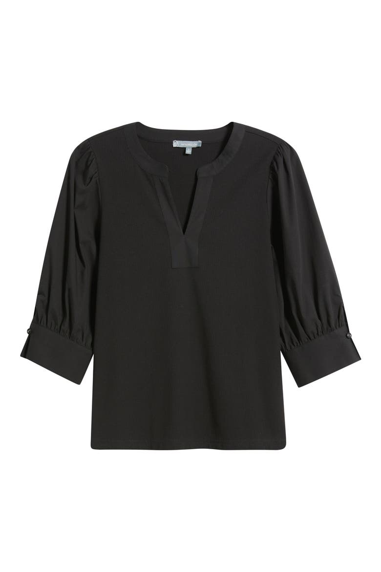 Mixed Media Puff Sleeve Top, Alternate, color, BLACK