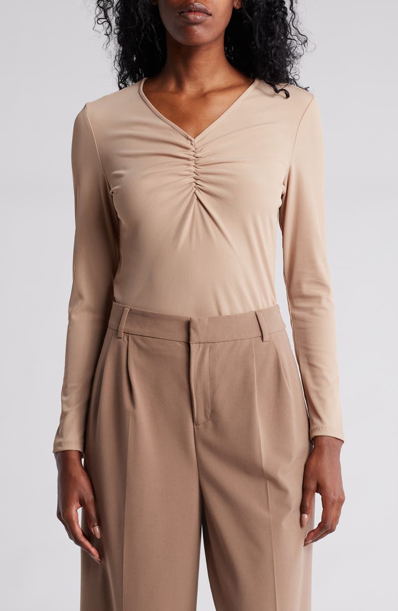 Adrianna Papell Ruched Long Sleeve Slinky Rib Top, Main, color, 
