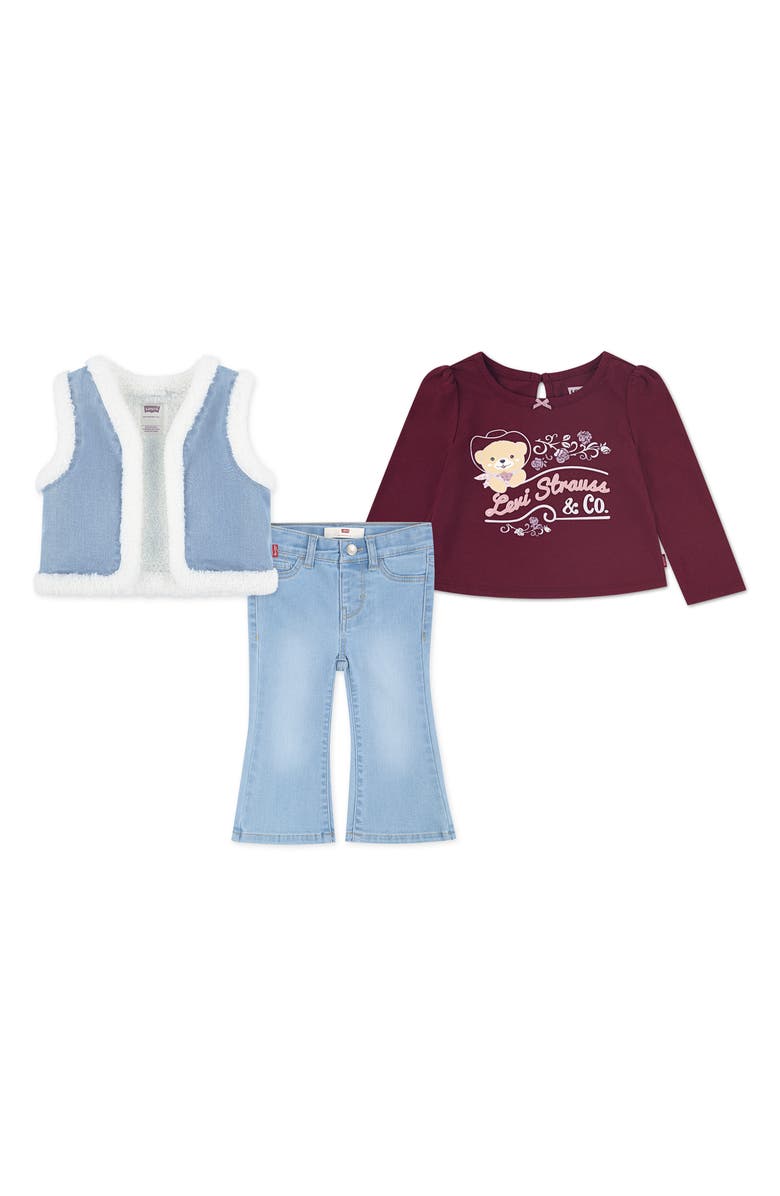 Levi's Faux Shearling Vest, Long Sleeve T-Shirt & Flare Jeans, Main, color, Chocolate