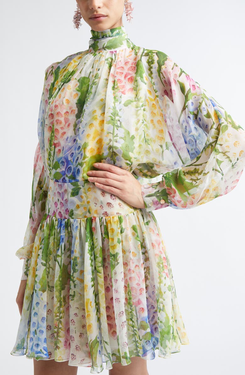 Oscar de la Renta Foxglove Long Sleeve Silk Chiffon Dress, Alternate, color, White Multi