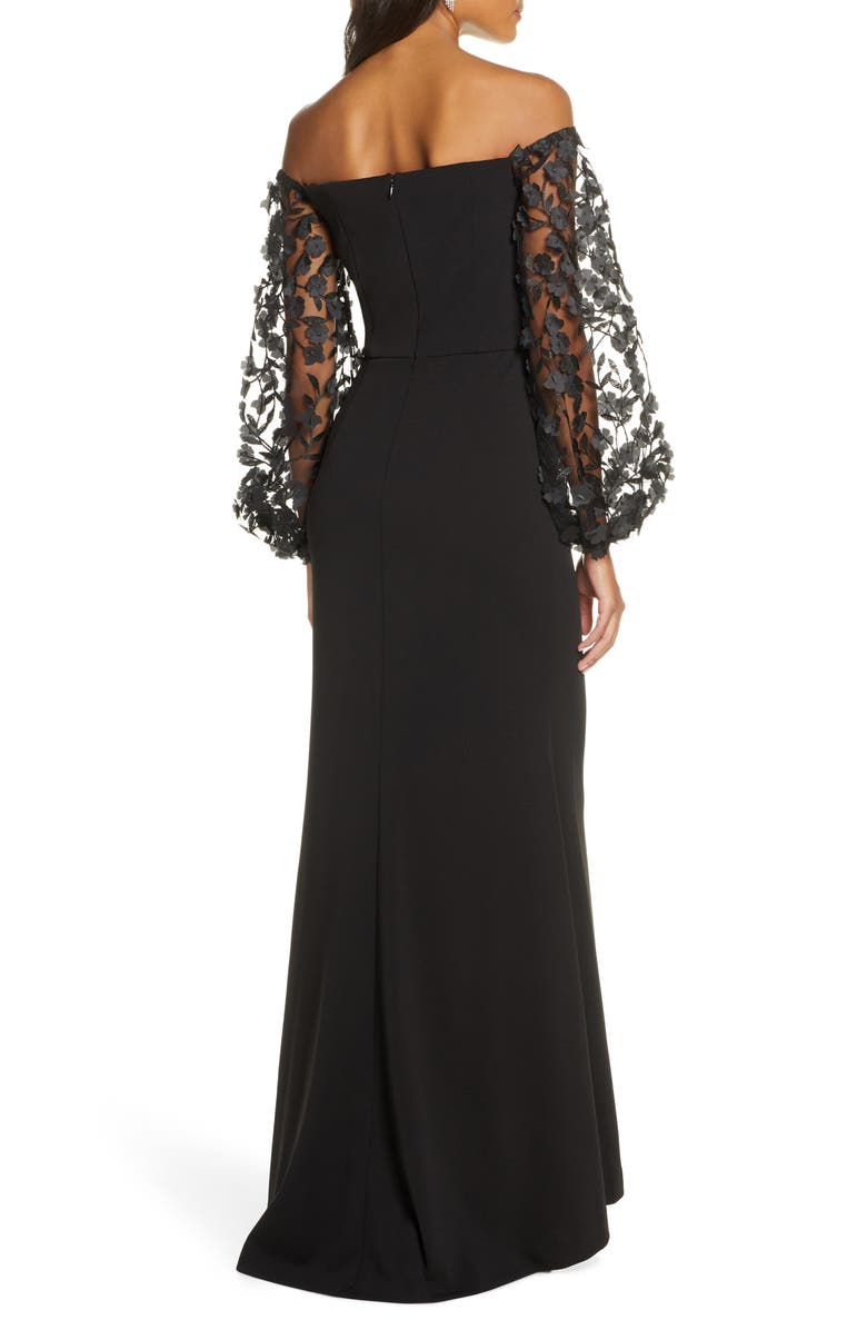 Eliza J Off the Shoulder 3D Floral Sleeve Scuba Crepe Evening Dress, Alternate, color, 