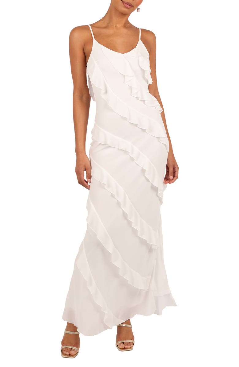 Petal & Pup Ciao Ruffle Chiffon Gown, Main, color, Cloud White