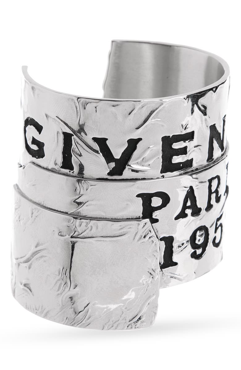 Givenchy Tape Logo Cuff Bracelet, Alternate, color, Antique Silver