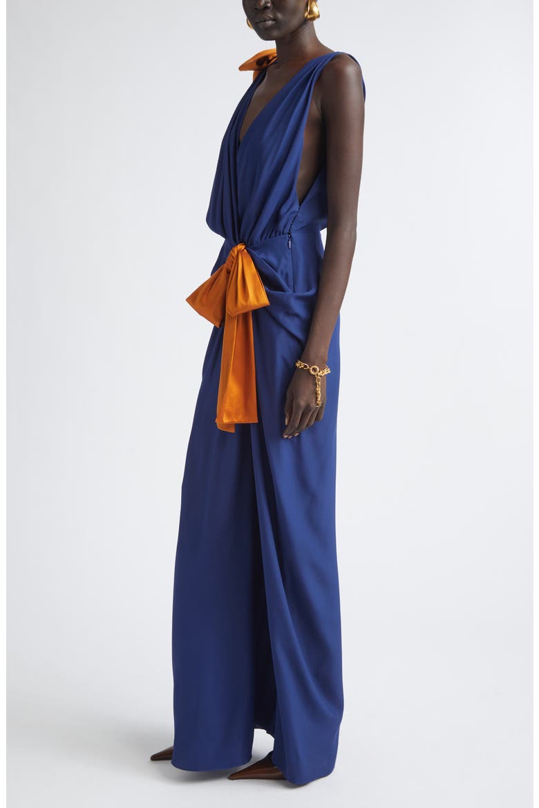 Bow Detail Silk Satin Wrap Maxi Dress, Alternate, color, INDIGO