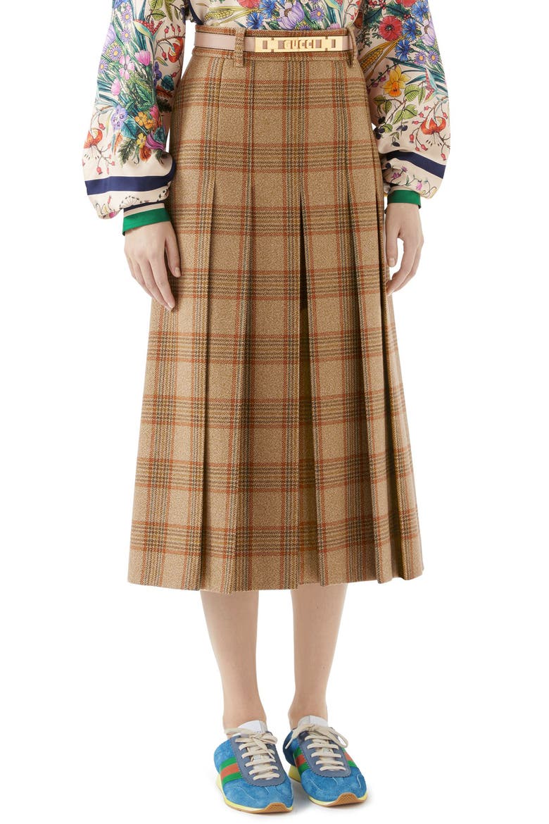 Logo Belt Plaid Midi Skirt, Main, color, BROWN