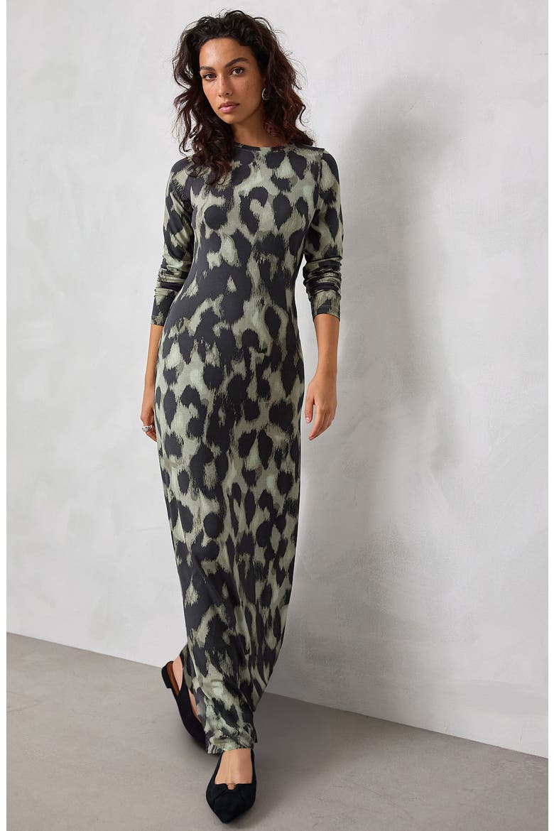 Animal Print Jersey Maxi Dress, Alternate, color, KHAKI GREEN