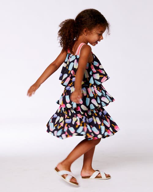 Deux Par Deux Little Girl's Printed Tiered Dress Ice Lollipops And Black In Ice Lollipops And Black