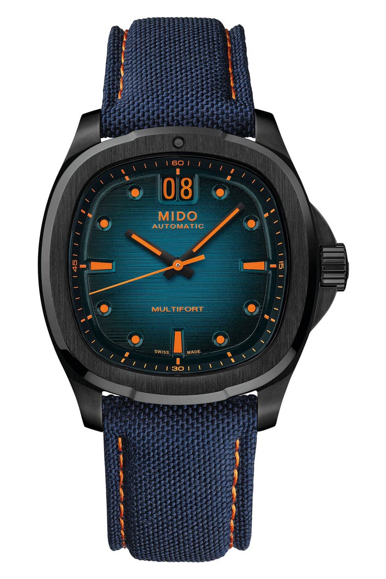 Multifort TV Big Date Automatic Webbing Strap Watch, 39.2mm x 40mm, Main, color, BLUE