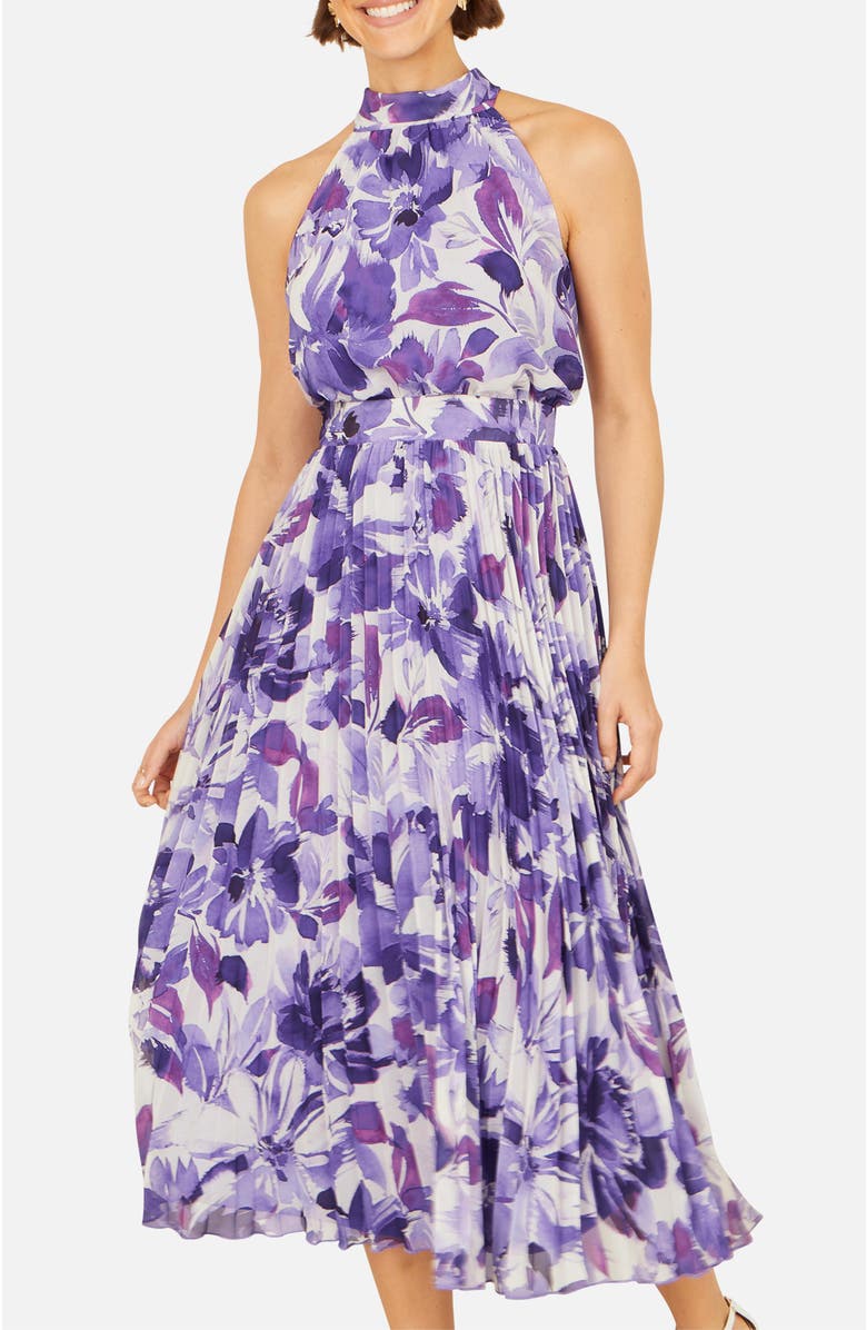 Yumi Floral Halter Neck Pleated Midi Dress, Alternate, color, Purple