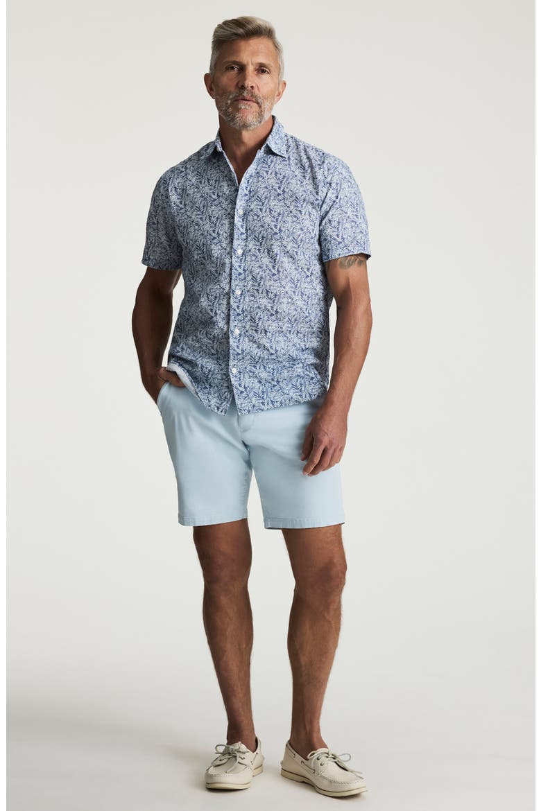 Palm Print Short Sleeve Cotton & Linen Button-Up Shirt, Alternate, color, INDIGO