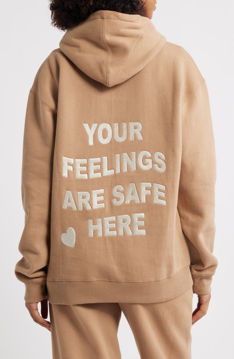 HAPPY CAMP3R Feelings Are Safe Here Hoodie, Alternate, color, Almond
