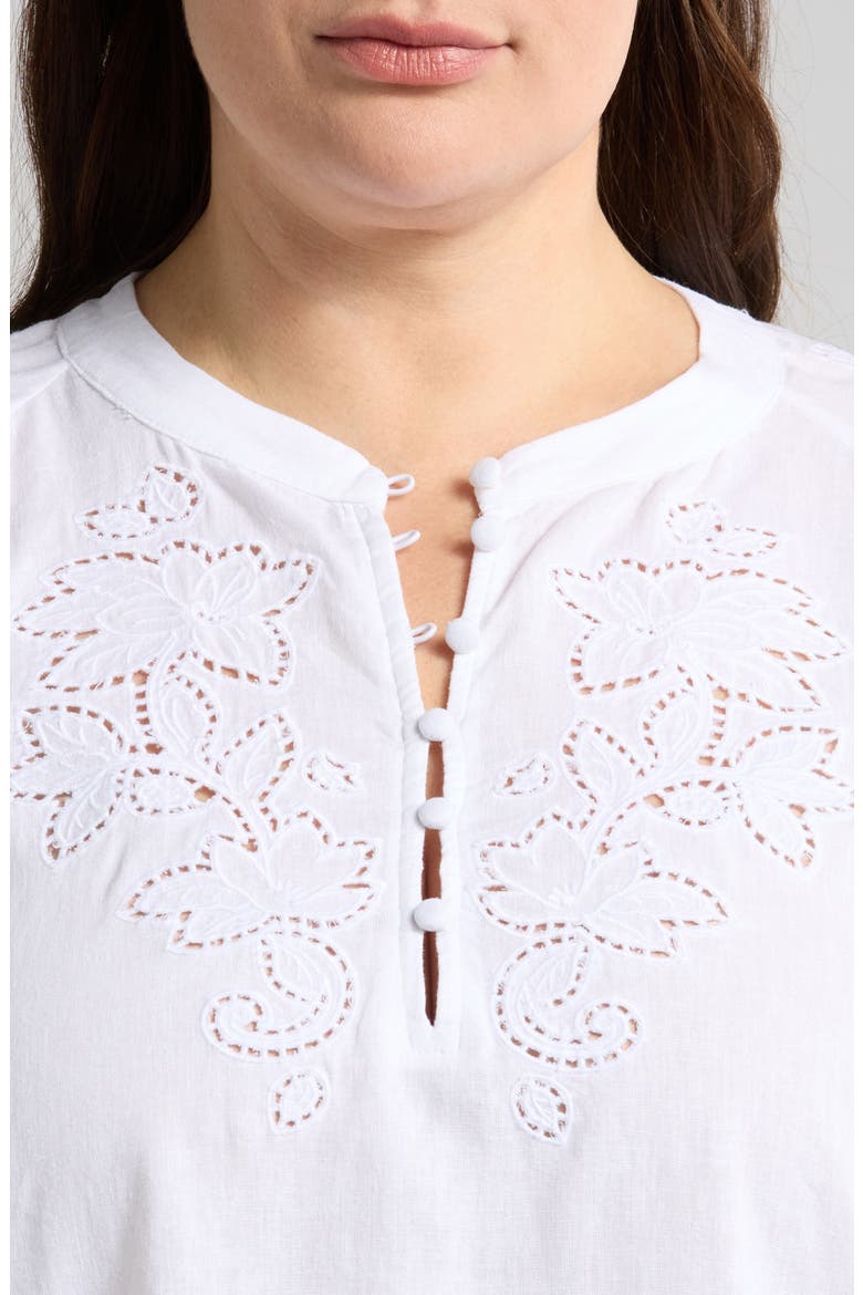 Embroidered Cutwork Split Neck Linen Blend Popover Top, Alternate, color, WHITE