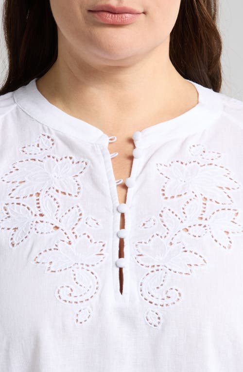 Caslonr Caslon(r) Embroidered Cutwork Split Neck Linen Blend Popover Top In White