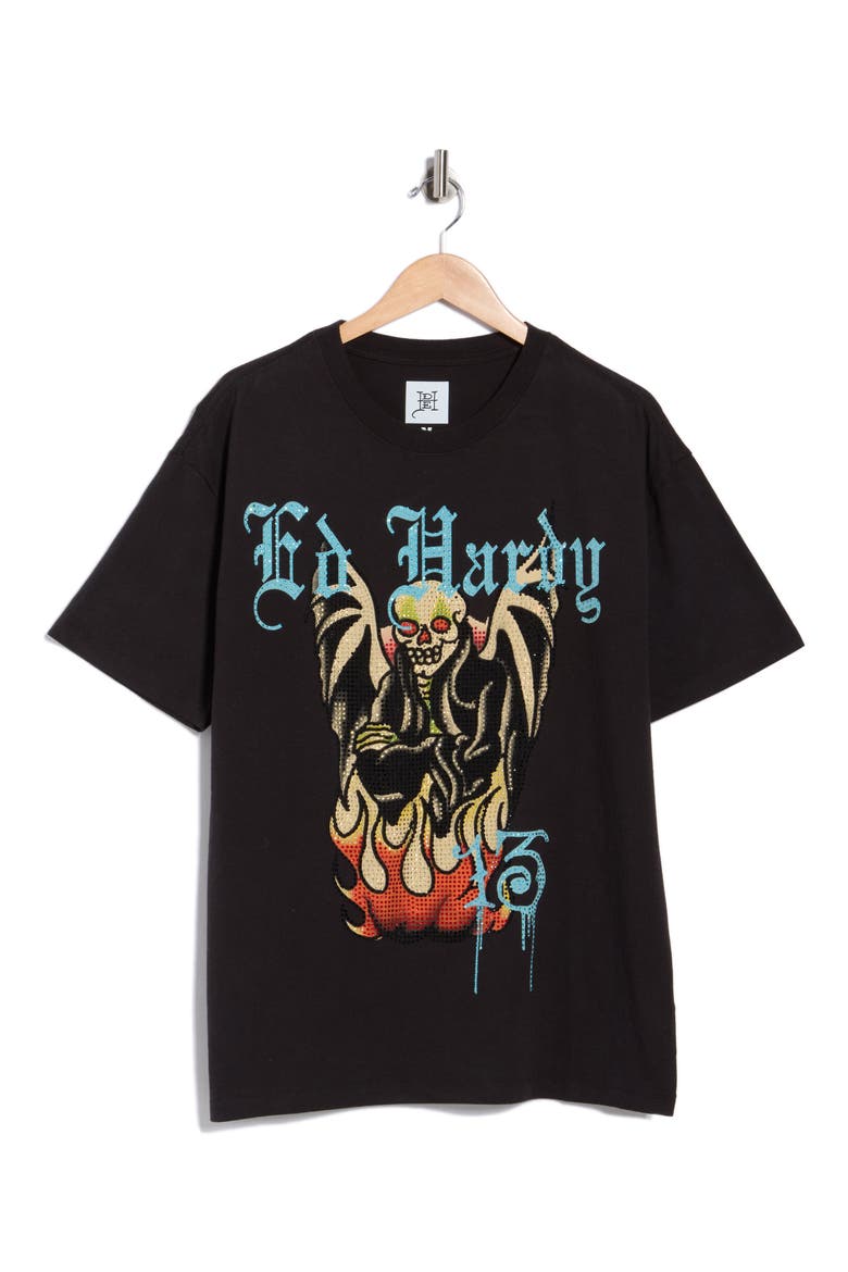 Rhinestone Firelord Skull Graphic T-Shirt, Main, color, FADED BLACK