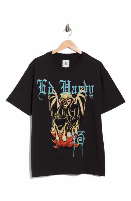 Ed Hardy Rhinestone Firelord Skull Graphic T-Shirt