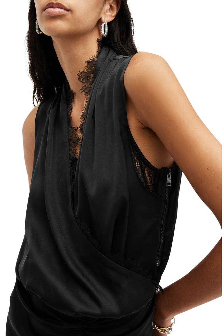 Abi Lace Trim Gathered Asymmetric Dress, Alternate, color, BLACK