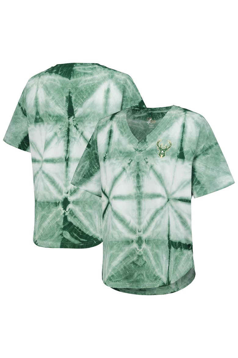 Women's G-III 4Her by Carl Banks Hunter Green Milwaukee Bucks Tournament Raglan Oversized Tie-Dye V-Neck T-Shirt, Main, color, Hunter Green