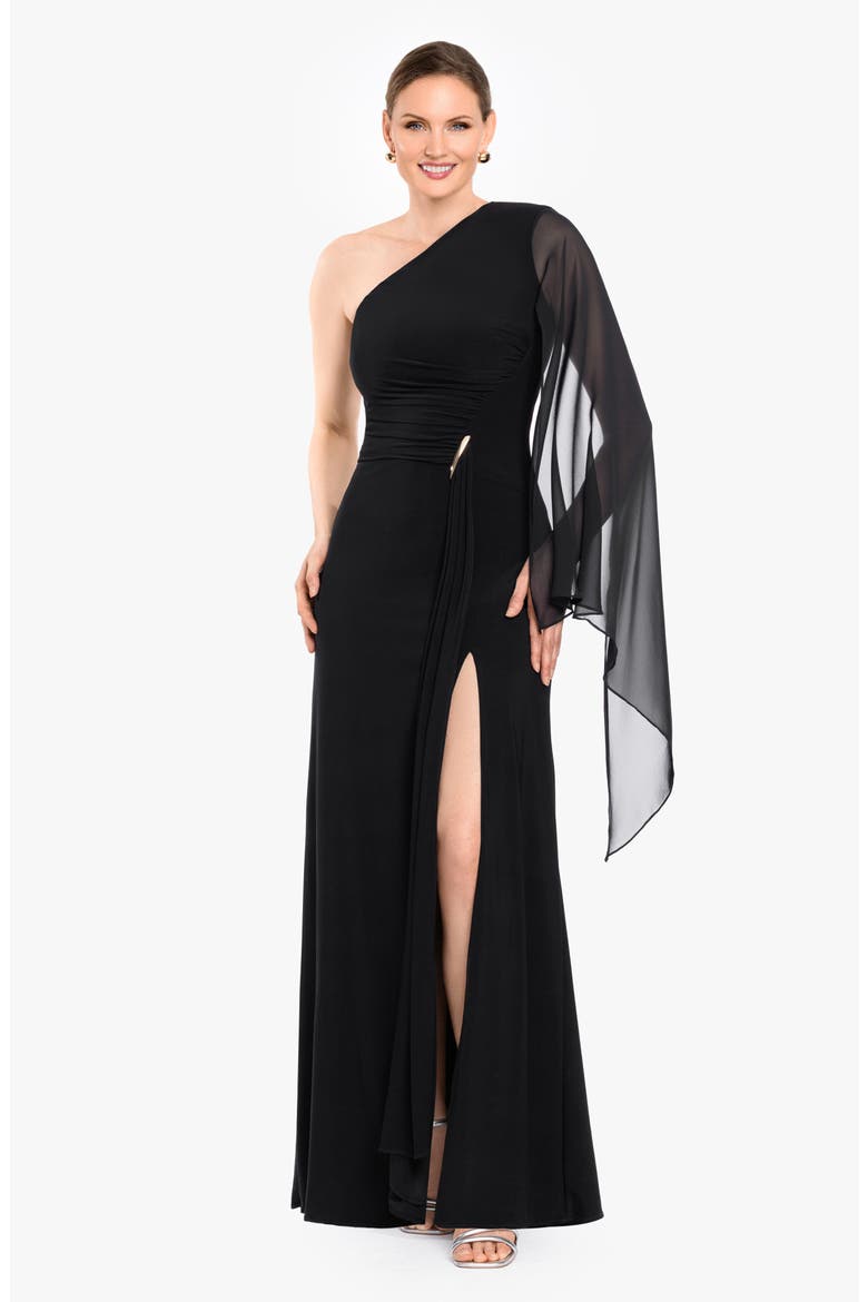One Shoulder Chiffon Trim Maxi Dress, Alternate, color, BLACK