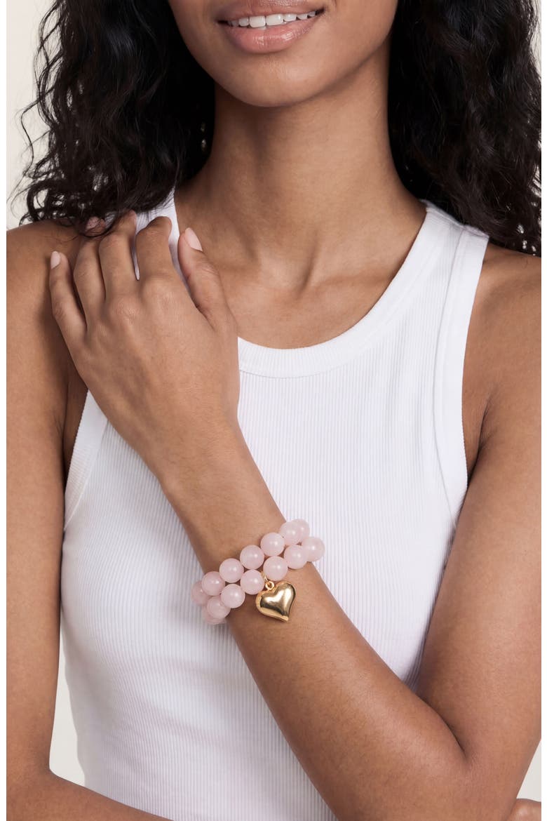Luck & Love Stone Puffy Heart Stretch Bracelet, Alternate, color, ROSE QUARTZ