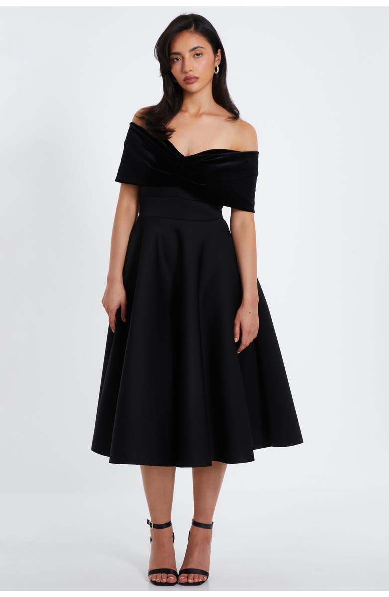 QUIZ Velvet and Scuba foam Bardot Skater Dress, Main, color, 