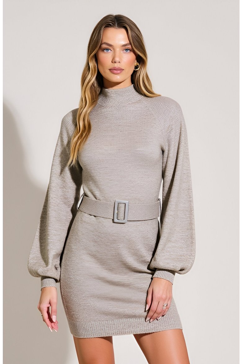 Belted Mock Neck Balloon Sleeve Sweater Dress, Main, color, Beige