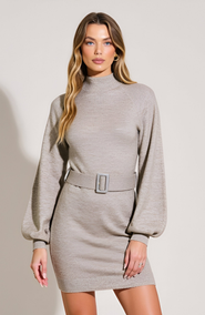 Modenaire Belted Mock Neck Balloon Sleeve Sweater Dress