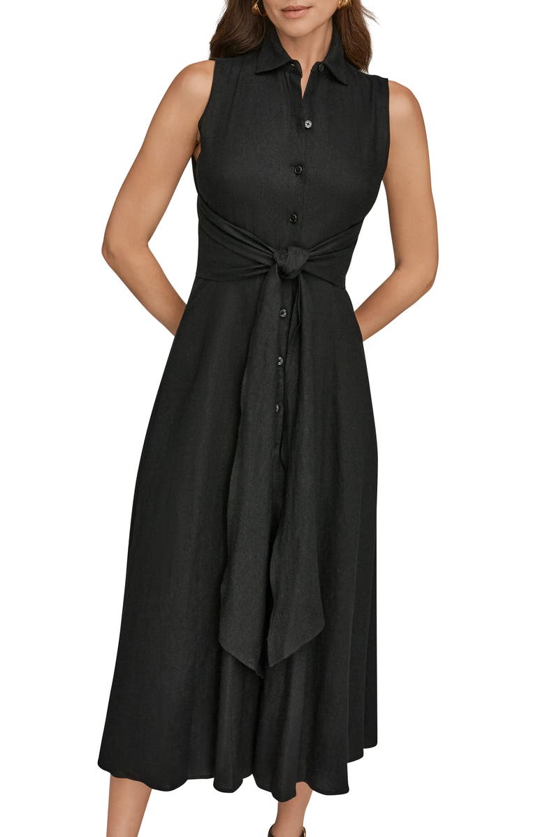 DONNA KARAN WEEKEND Sleeveless Linen Blend Shirtdress, Main, color, Black