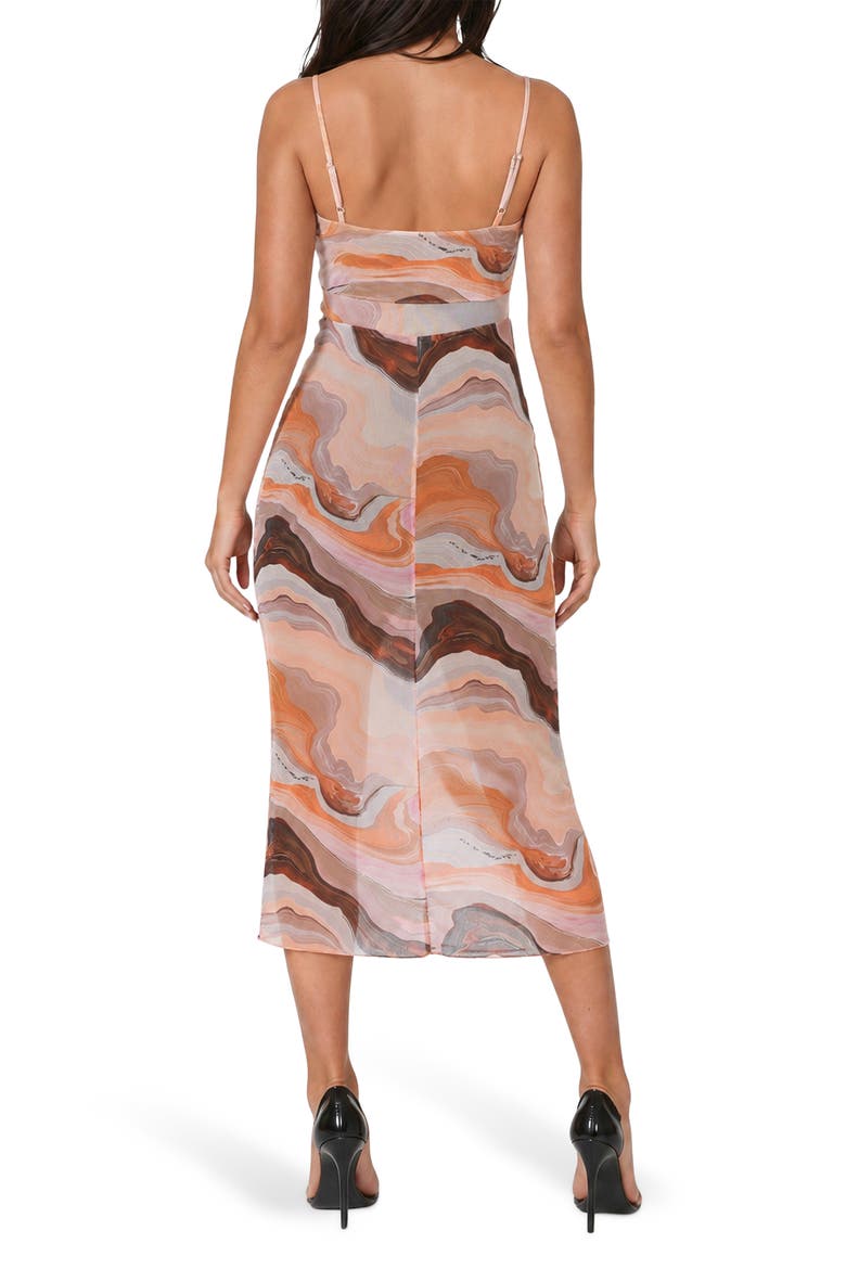 Printed Mesh V-Neck Illusion Midi Dress, Alternate, color, BLUE TAN