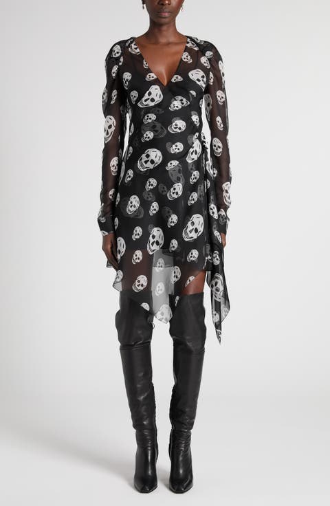 Skull Print Long Sleeve Silk Chiffon Wrap Dress
