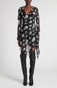 McQueen Skull Print Long Sleeve Silk Chiffon Wrap Dress