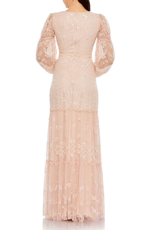 Mac Duggal Sequined Tiered Wrap Over Puff Sleeve Gown In Blush