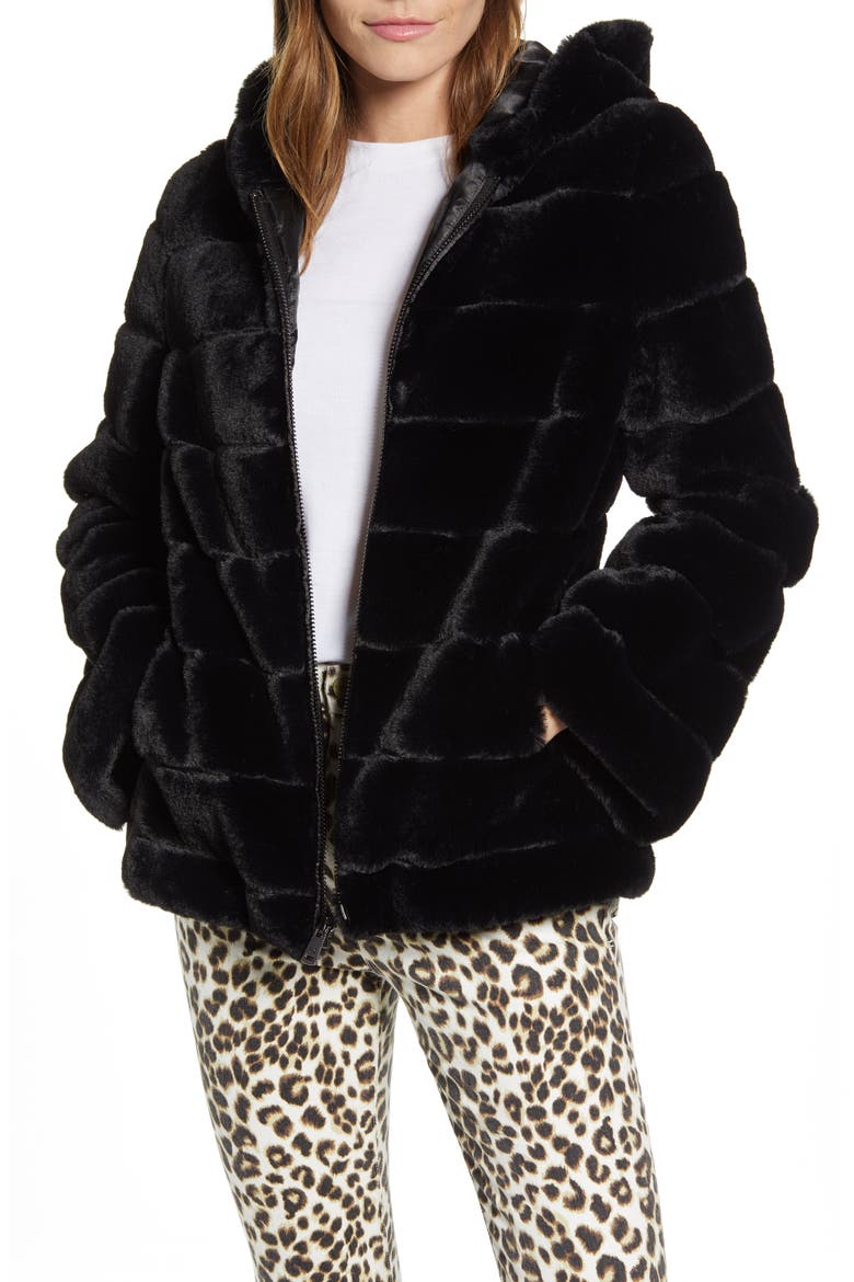 Hooded Faux Fur Jacket, Main, color, BLACK