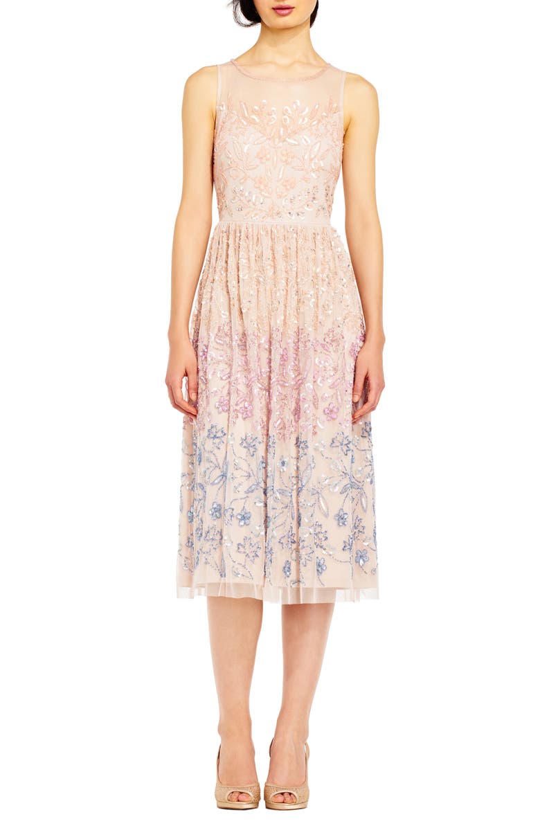 Adrianna Papell Beaded Illusion Neck Midi Cocktail Dress, Main, color, 