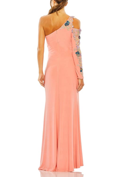 Mac Duggal One Shoulder Long Sleeve Floral Embellished Gown In Peach Multi