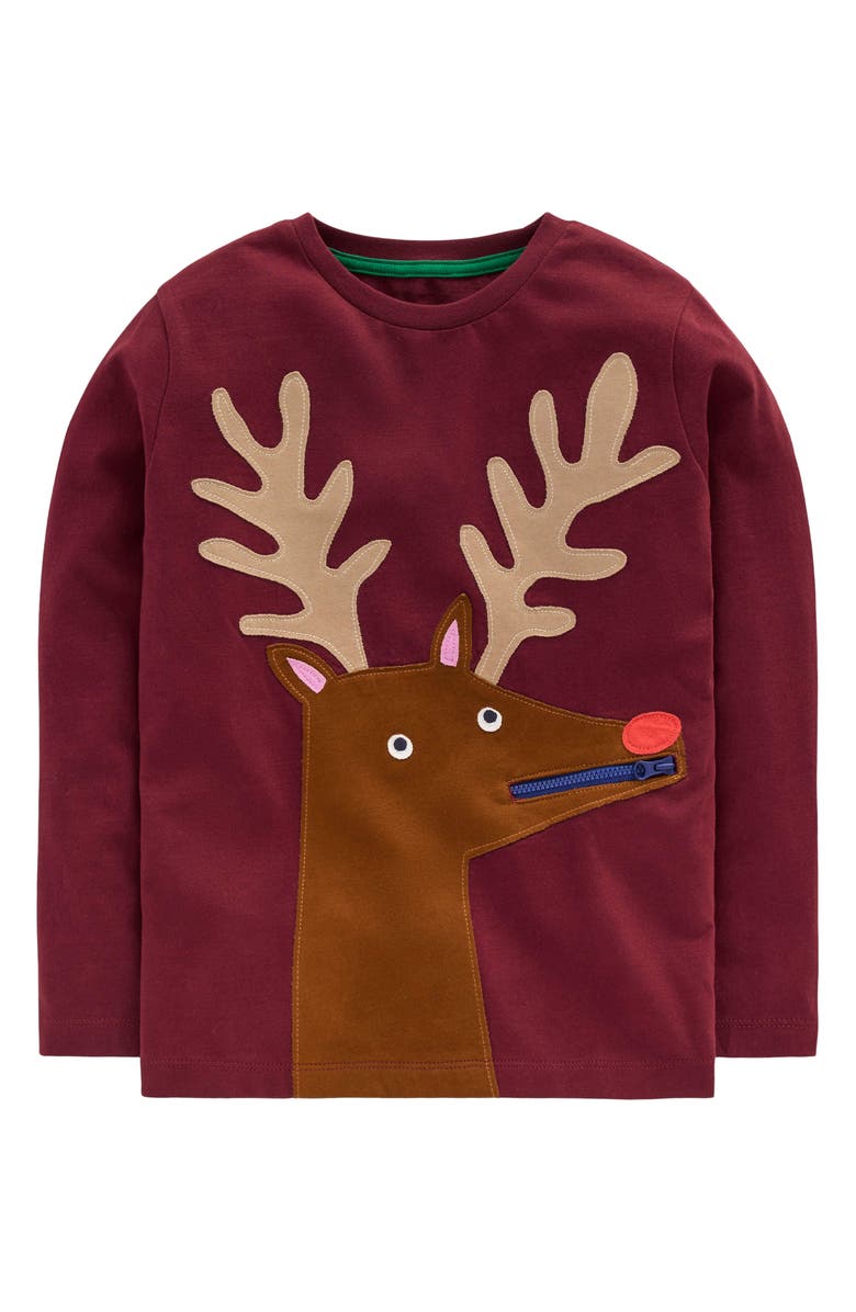 Mini Boden Kids' Zip Appliqué T-Shirt, Main, color, Port Deer