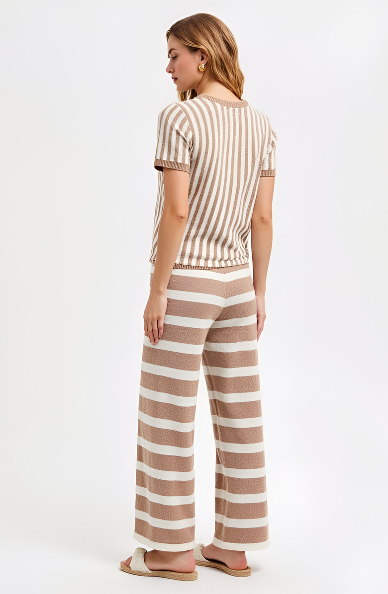 Modenaire Striped Short Sleeve Knit Top and Wide Leg Pants Lounge Set with Drawstring, Alternate, color, Beige / White Stripes