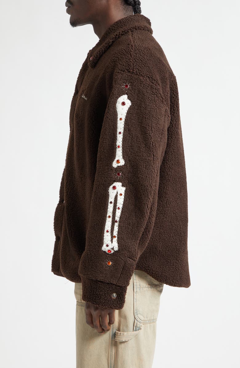 AMIRI Studded Bones Appliqué High Pile Fleece Overshirt, Alternate, color, Dark Brown