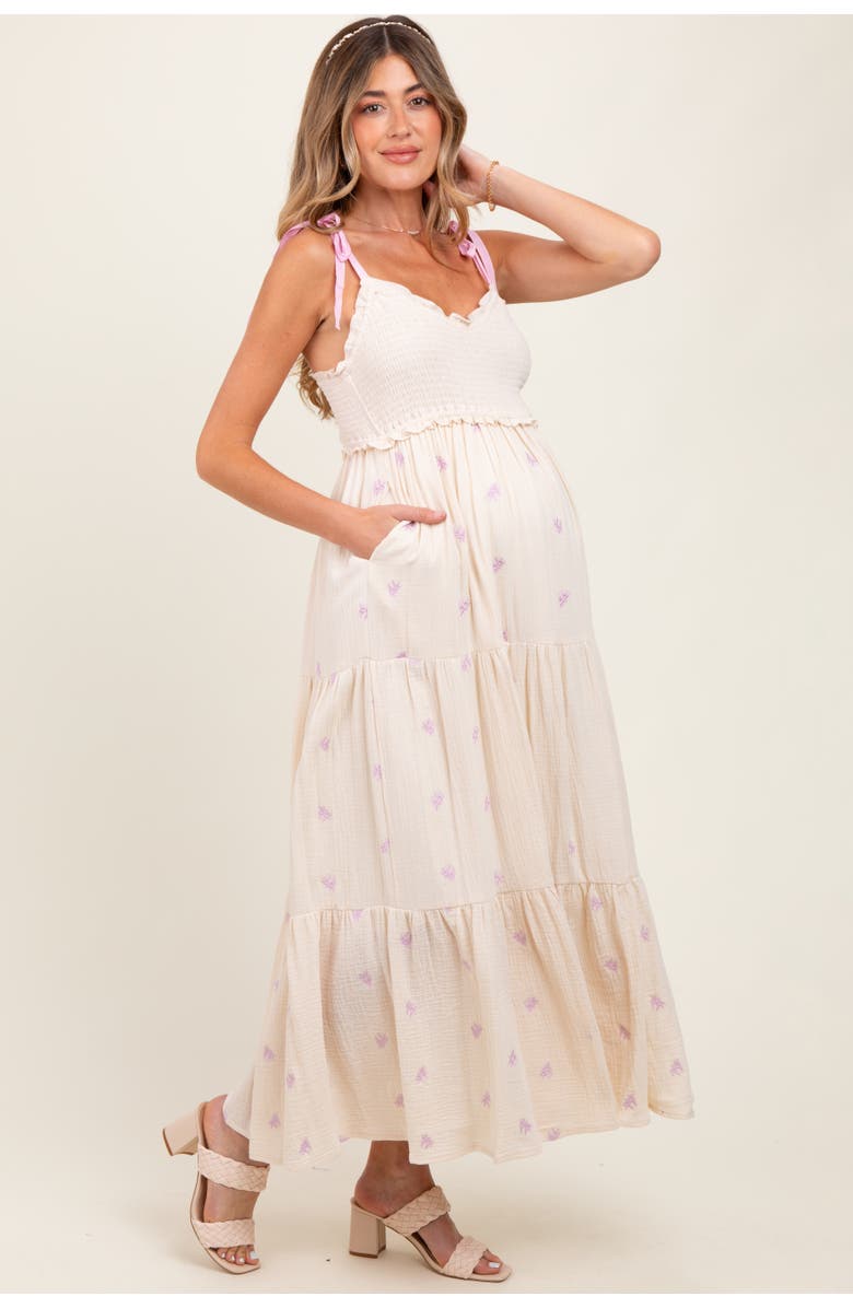 PinkBlush Embroidered Smocked Shoulder Tie Maxi Dress, Alternate, color, Cream